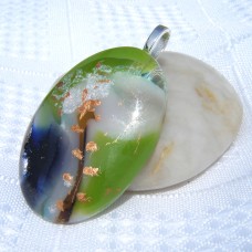 Green Blue White Handmade Dichroic Glass Pendant Necklace Jewellery - Flower 673