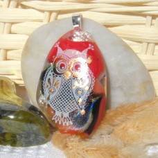 Red White Teardrop Gold Accent Owl Dichroic Pendant