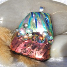 Fused Glass Handmade Dichroic Pendant -Copper and Green Hues