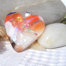 Fused Glass Handmade Dichroic Pendant - Orange White Silver Heart