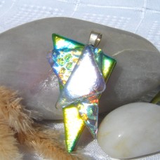 Fused Glass Handmade Dichroic Pendant - Blue Green Gold Triangles