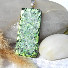 Fused Glass Handmade Dichroic Pendant - Green Sparkly Ingot
