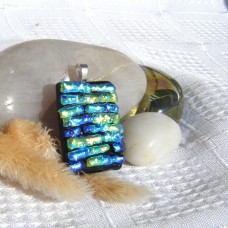 Fused Glass Handmade Dichroic Pendant - Hues of Greens and Blues