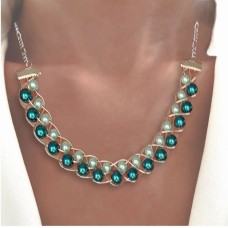 Handmade Beaded and Wire Necklace Dark and Pale Blue Pearlescent n1001 Handmade Beaded and Wire Necklace Dark and Pale Blue Pearlescent n1001